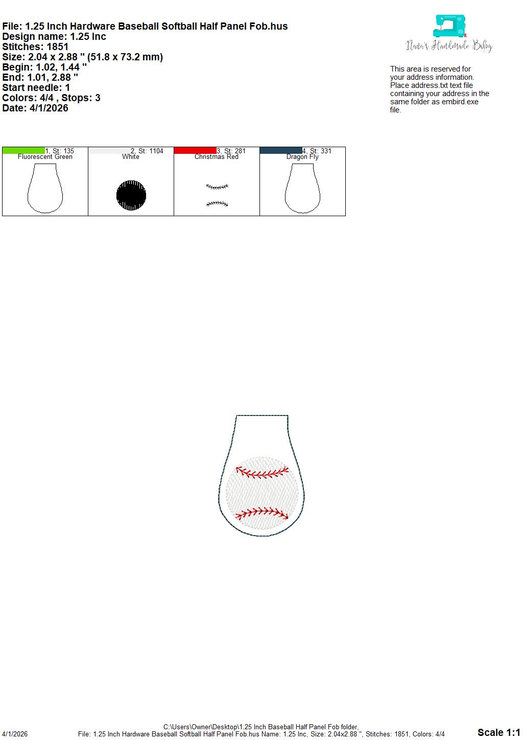 Baseball - Softball Half Panel Fob – REQUIRES 1.25″ Clamp Hardware – Digital Embroidery Design