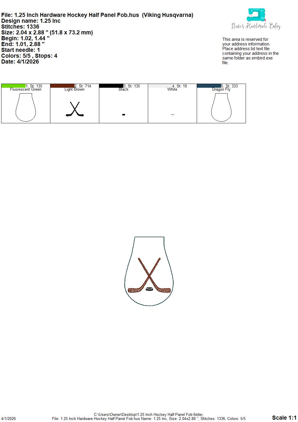 Hockey Half Panel Fob – REQUIRES 1.25″ Clamp Hardware – Digital Embroidery Design