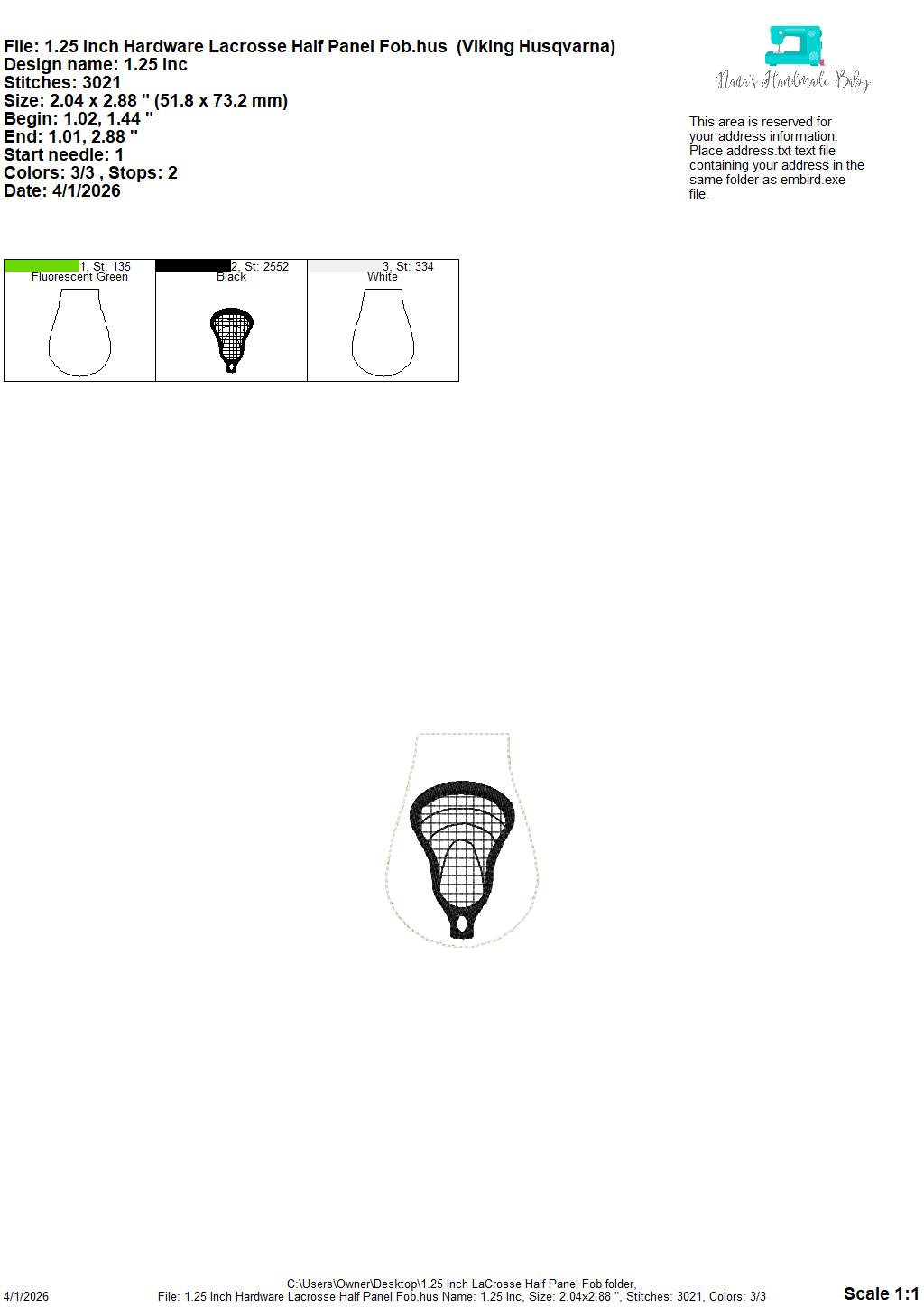 Lacrosse Half Panel Fob – REQUIRES 1.25″ Clamp Hardware – Digital Embroidery Design