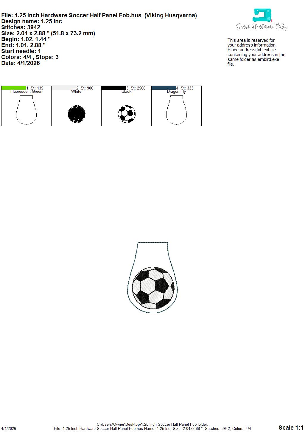 Soccer Half Panel Fob – REQUIRES 1.25″ Clamp Hardware – Digital Embroidery Design