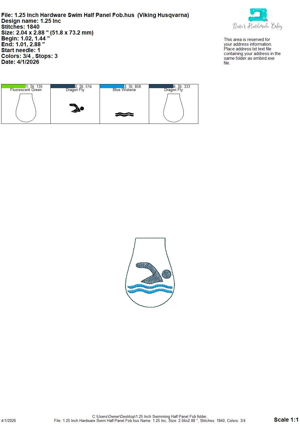 Swimming Half Panel Fob – REQUIRES 1.25″ Clamp Hardware – Digital Embroidery Design