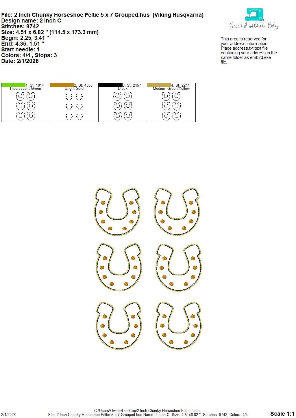 2 Inch Tall Chunky Horseshoe Feltie – In the Hoop – 4 x 4 single, 4 x 4 grouped and 5 x 7 grouped – Digital Embroidery Design