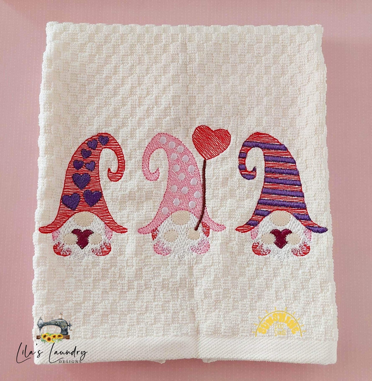 Valentine Gnome Trio Sketch - 2 sizes- Digital Embroidery Design