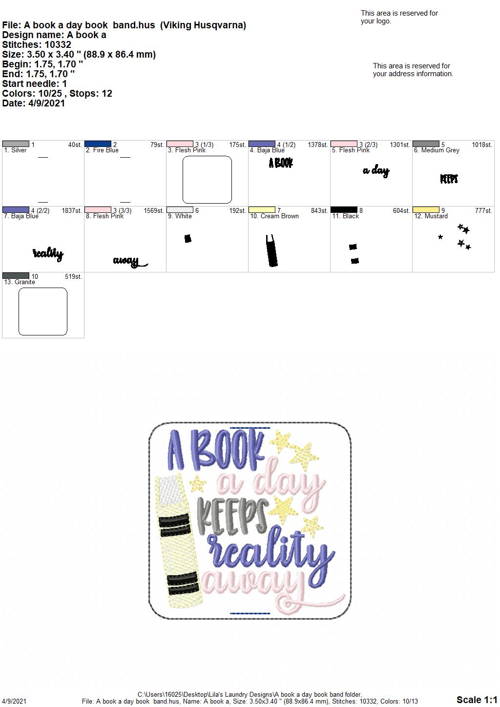 A book a day Book Band - Embroidery Design, Digital File