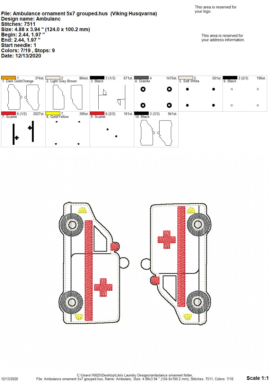 Ambulance Ornament - Digital Embroidery Design