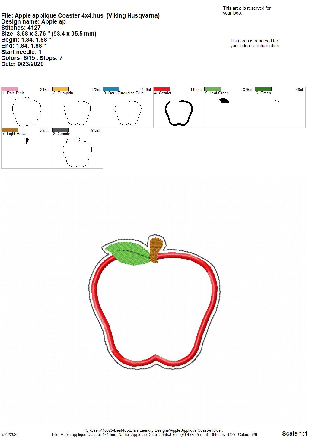 Apple Applique Coaster 4x4 - DIGITAL Embroidery DESIGN