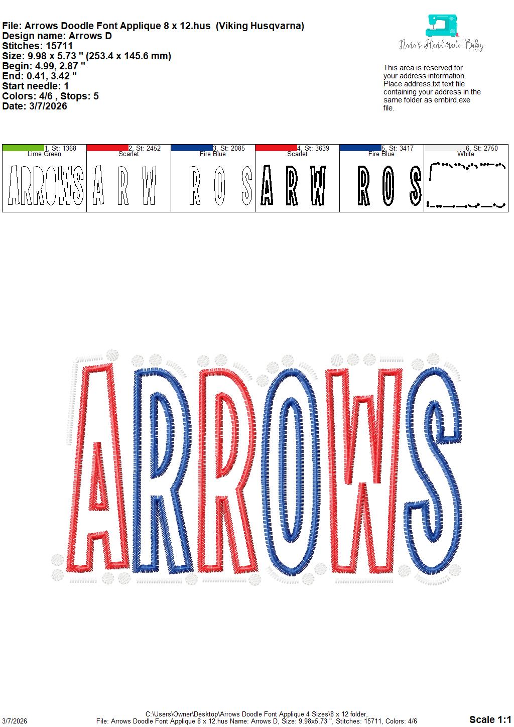 Arrows Doodle Font Applique – 4 x 4, 5 x 7, 6 x 10 and 8 x 12 – DIGITAL Embroidery Design