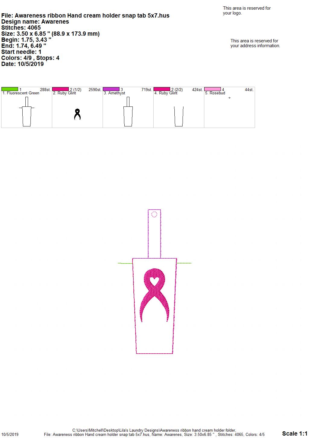Awareness Ribbon Hand Cream Holder 5x7 - DIGITAL Embroidery DESIGN