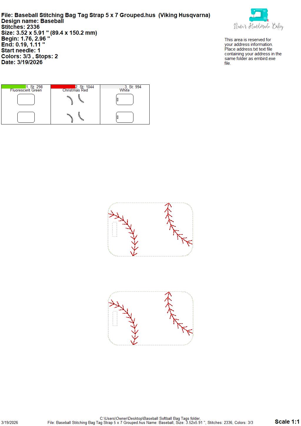 Baseball Softball Stitching Bag Tag – 3 Styles Included – Digital Embroidery Design