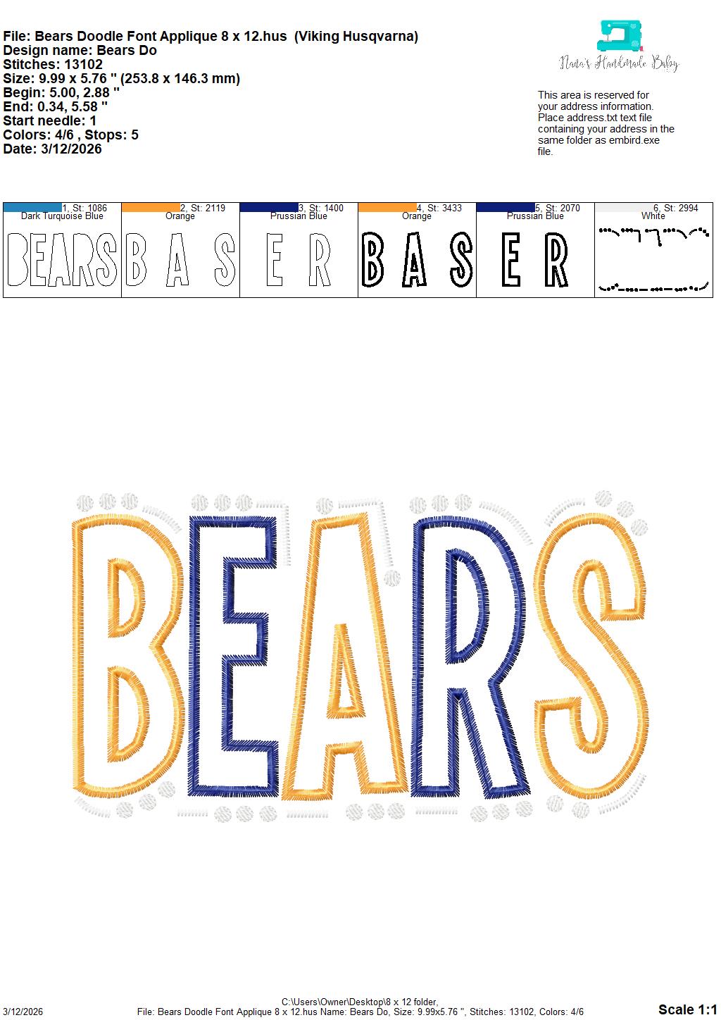 Bears Doodle Font Applique – 4 x 4, 5 x 7, 6 x 10 and 8 x 12 – DIGITAL Embroidery Design