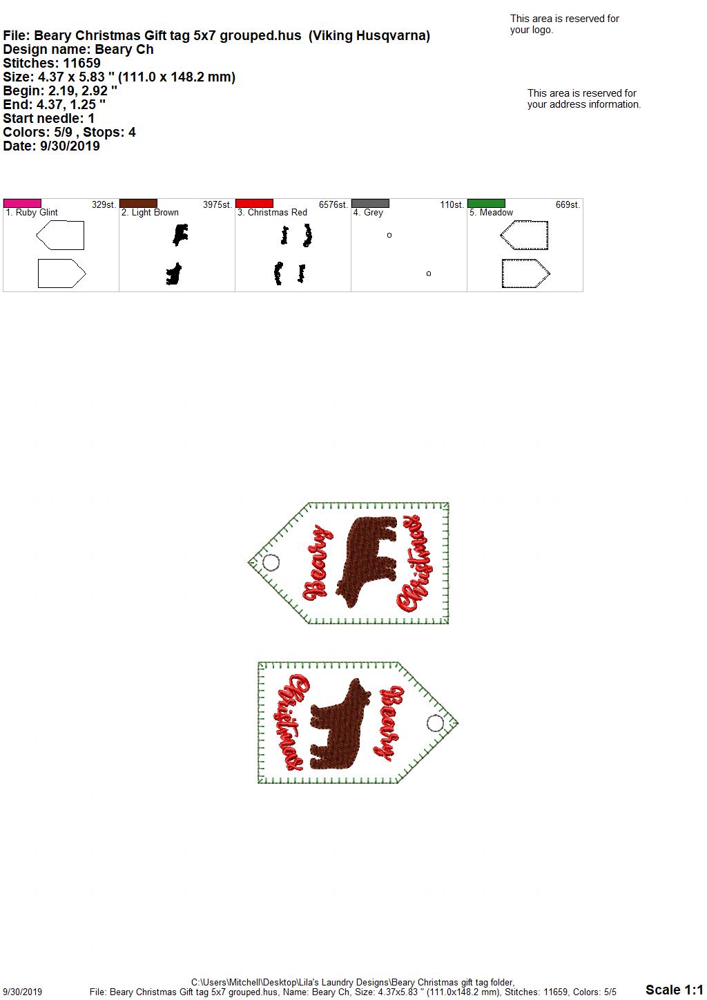 Beary Christmas Gift Tag Feltie - Digital Embroidery Design