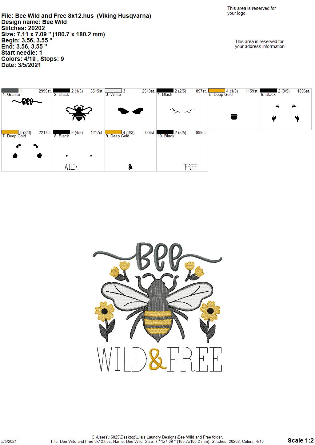 Bee Wild and Free - 4 sizes- Digital Embroidery Design