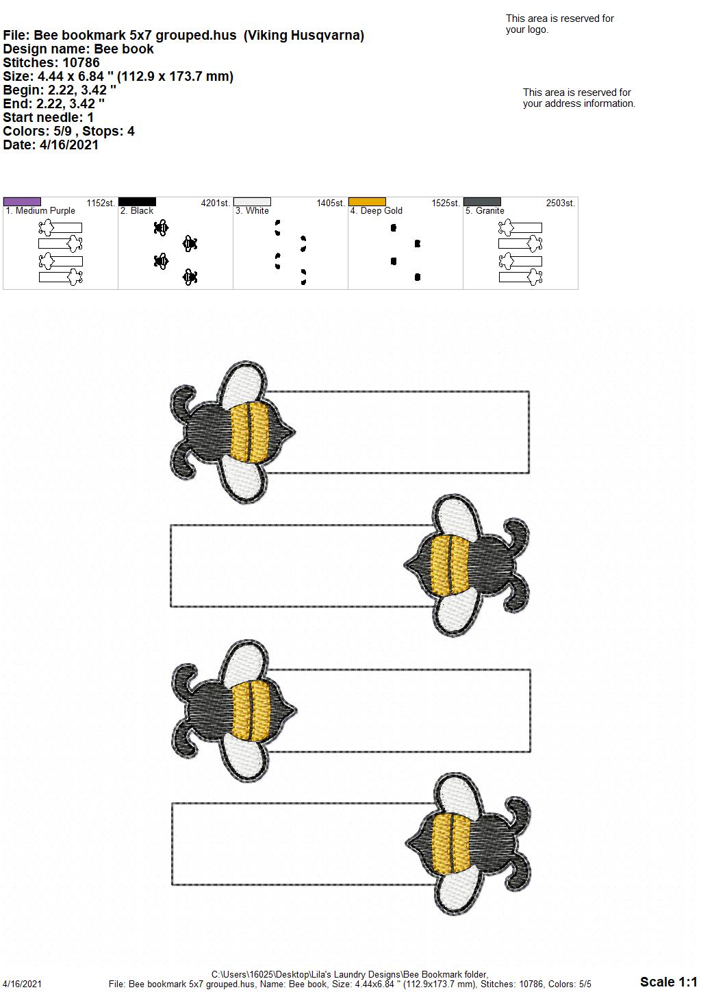 Bee Bookmark 4x4 and 5x7 Grouped - Digital Embroidery Design