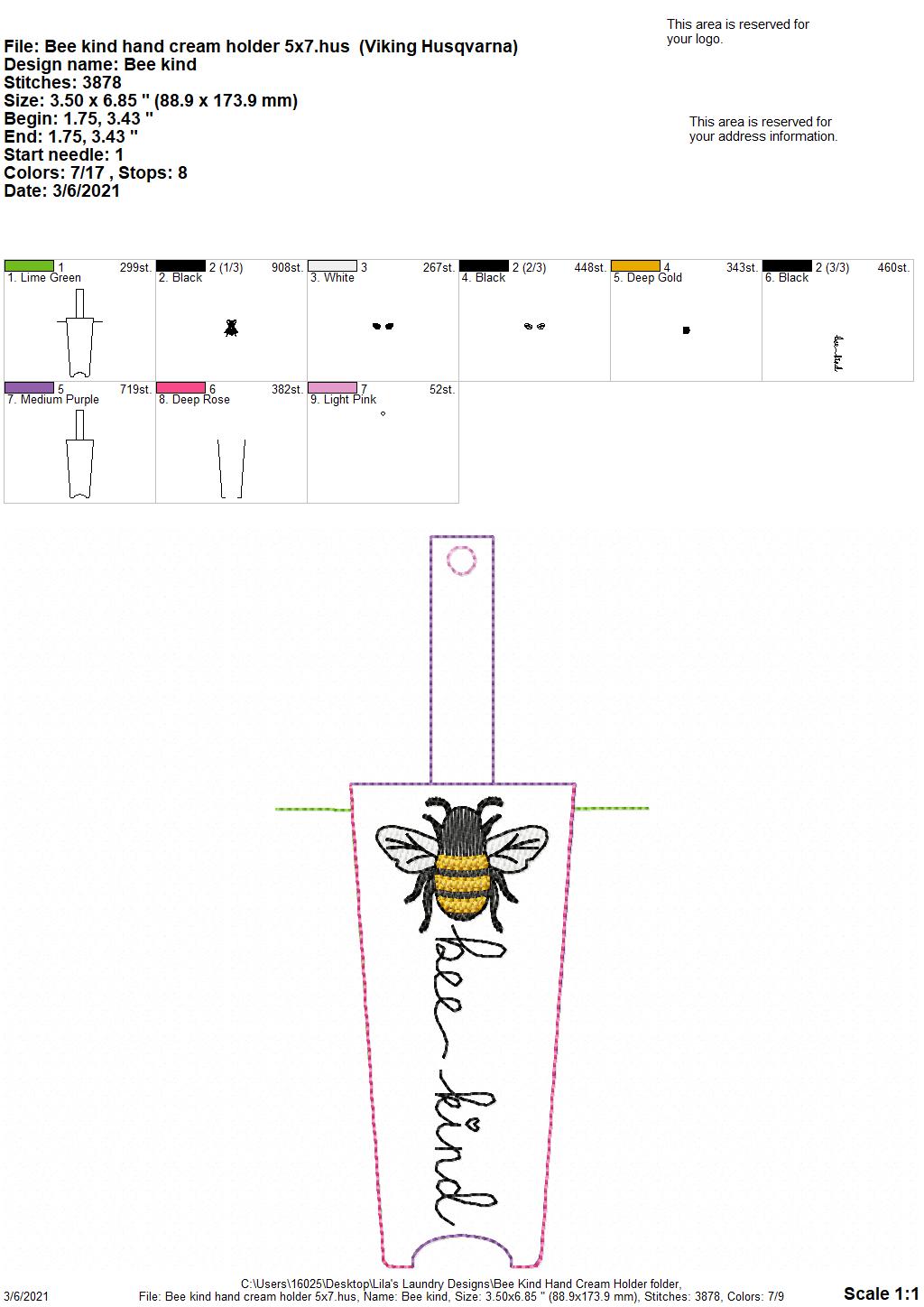 Bee Kind Hand Cream Holder 5x7 - DIGITAL Embroidery DESIGN