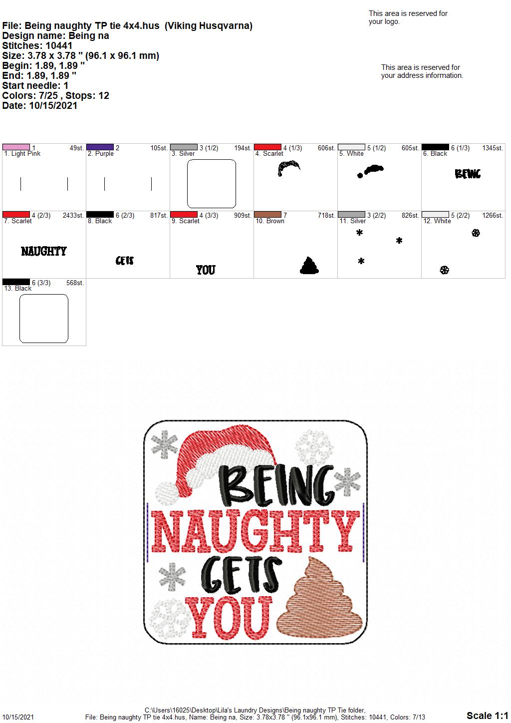 Being Naughty - TP tie 4x4 - DIGITAL Embroidery DESIGN