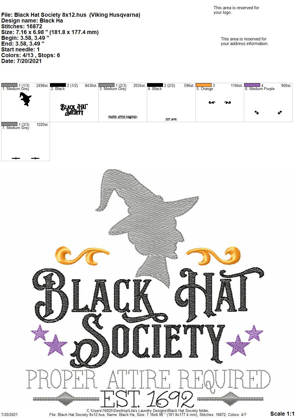 Black Hat Society - 4 sizes- Digital Embroidery Design