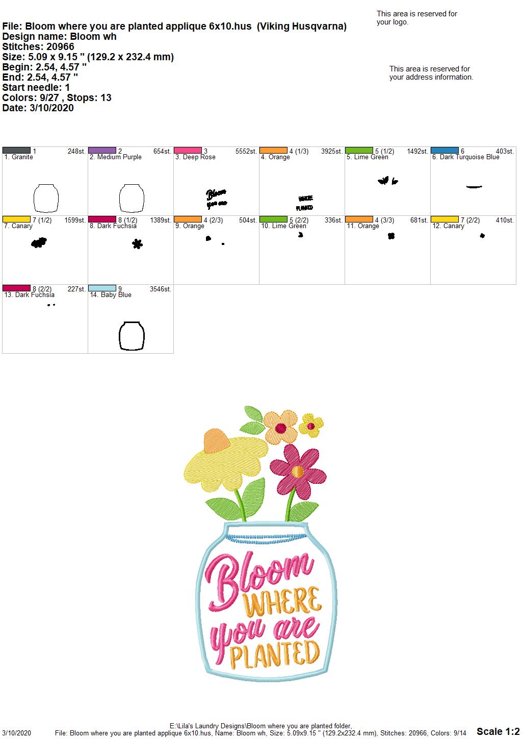 Bloom Where you are planted - 2 Sizes - Digital Embroidery Design