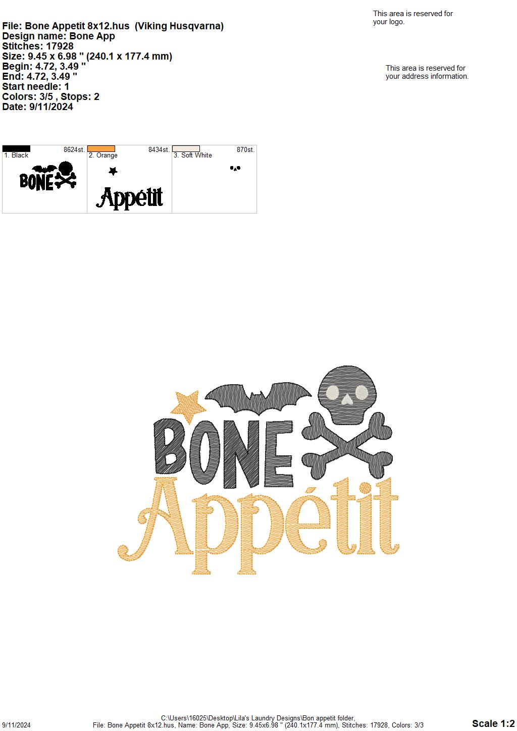Bone Appetit - 4 sizes - Digital Embroidery Design