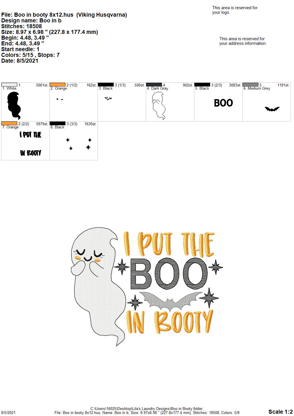Boo in Booty - 4 sizes- Digital Embroidery Design
