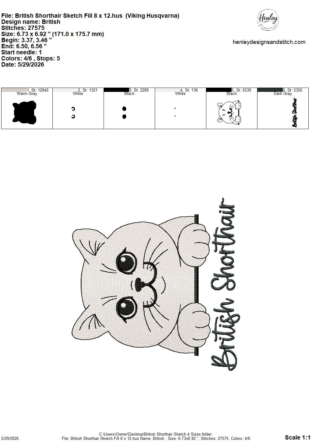 Sketch British Shorthair Cat - 4 x 4, 5 x 7, 6 x 10 and 8 x 12 - DIGITAL Embroidery Design