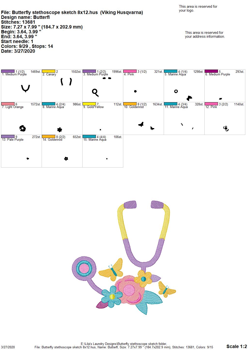 Butterfly Stethoscope Sketch - 3 Sizes - Digital Embroidery Design