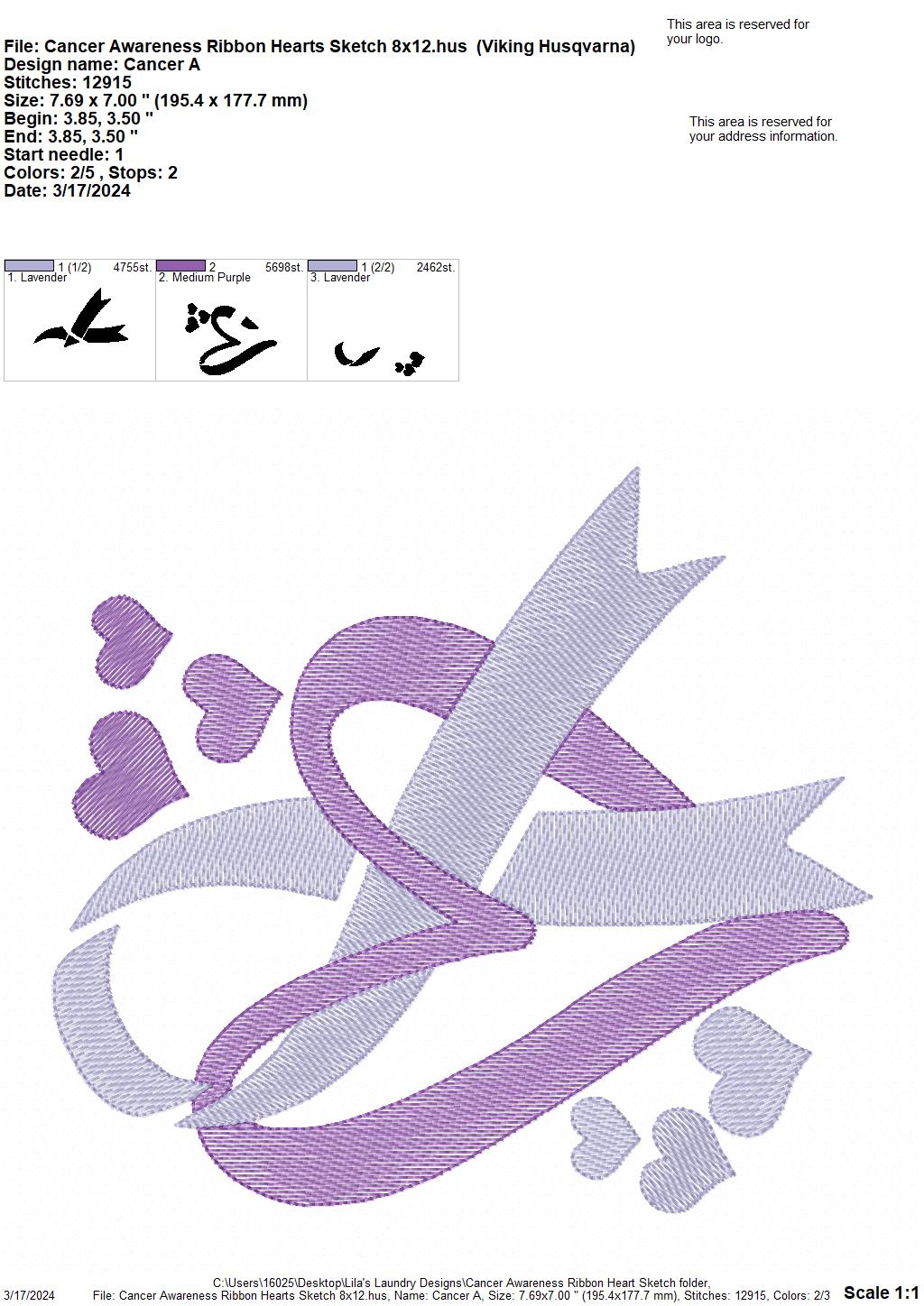 Cancer Awareness Hearts Sketch - 4 Sizes - Digital Embroidery Design