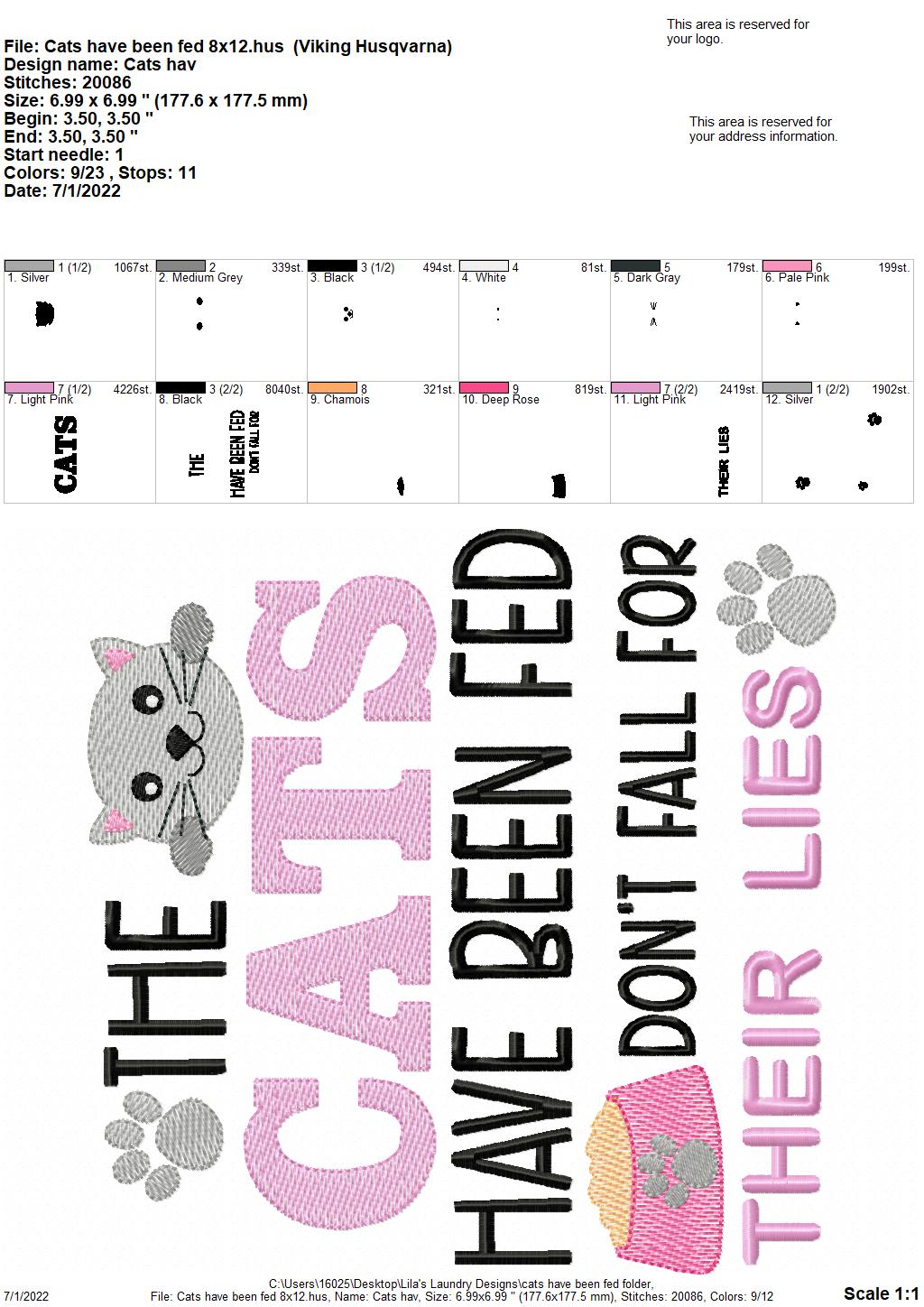 Cats Have Been Fed - 3 sizes- Digital Embroidery Design