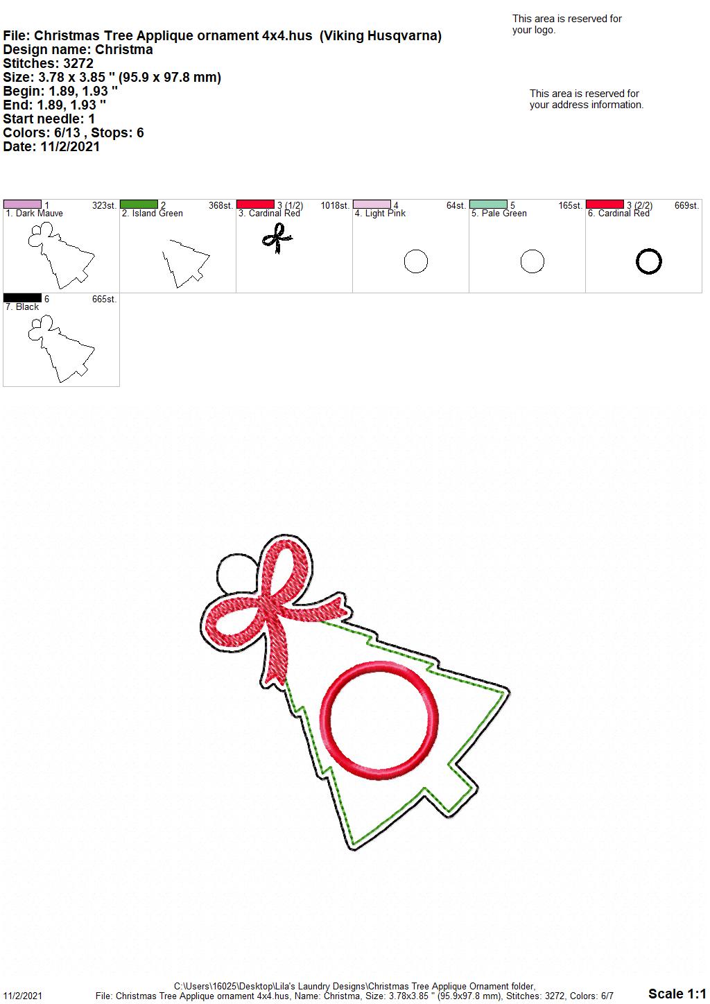 Christmas Tree Applique Ornament - Digital Embroidery Design