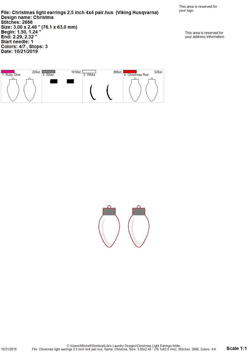 Christmas Light Earrings - 3 sizes - 4x4 and 5x7 Grouped- Digital Embroidery Design