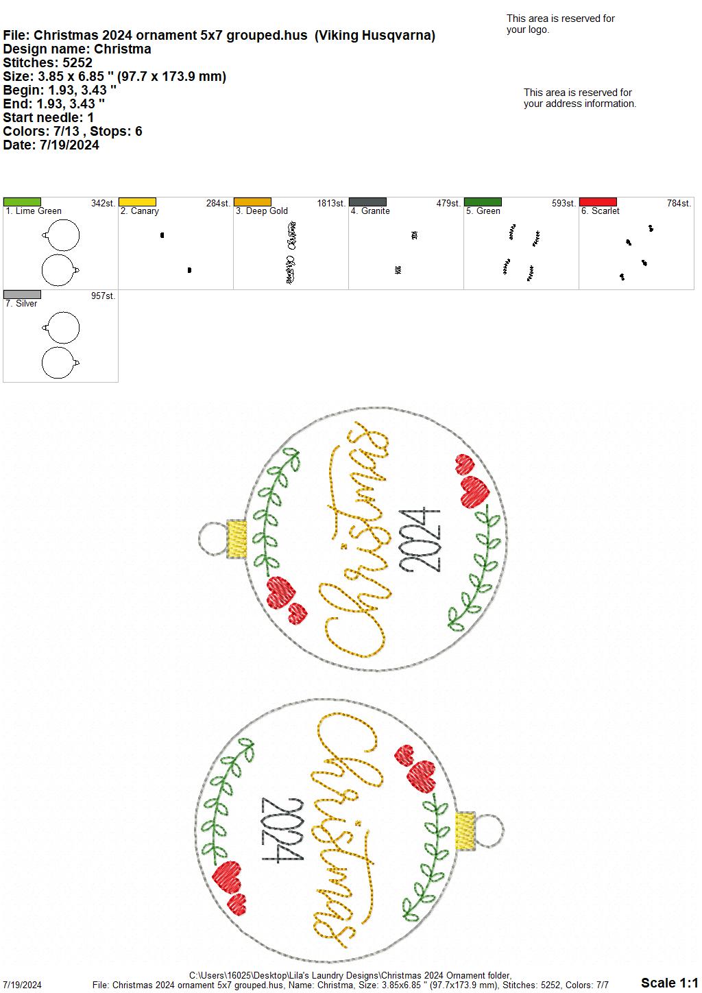 Christmas 2024 Ornament - Digital Embroidery Design