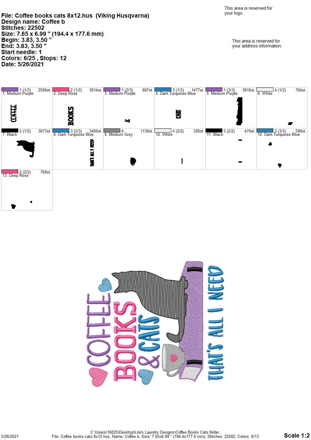 Coffee Books Cats - 3 sizes- Digital Embroidery Design