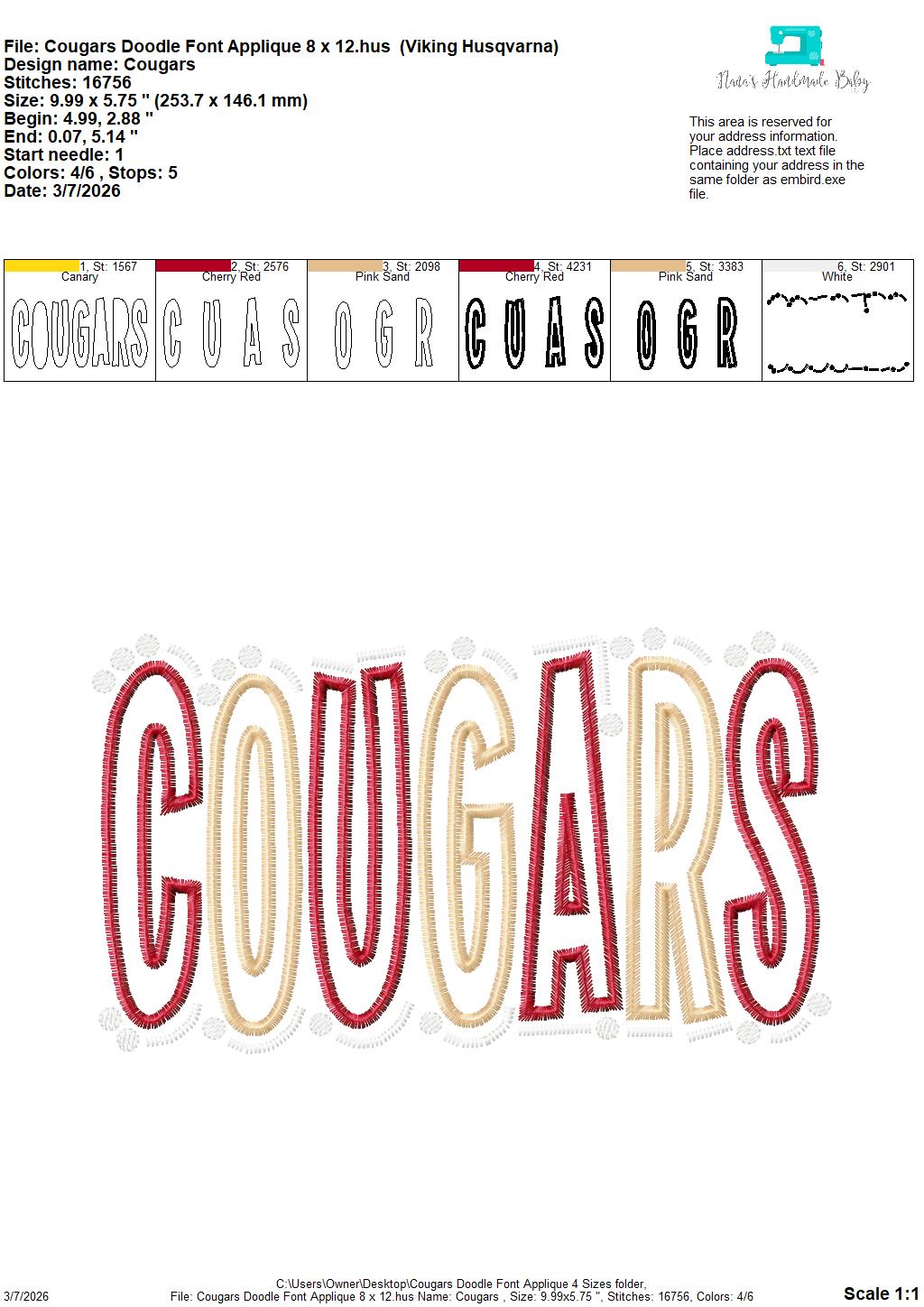 Cougars Doodle Font Applique – 4 x 4, 5 x 7, 6 x 10 and 8 x 12 – DIGITAL Embroidery Design