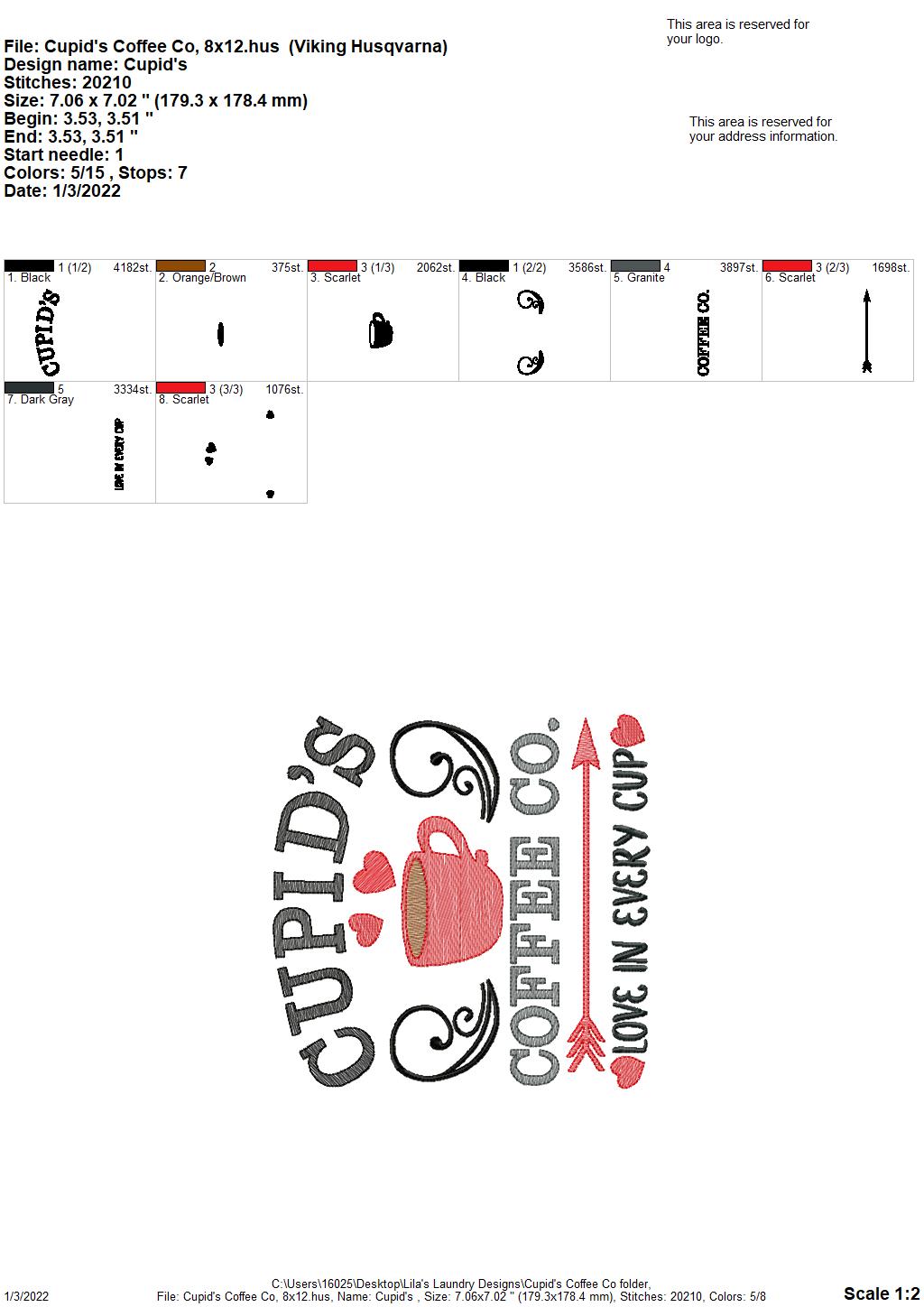 Cupid's Coffee Co. Sketch - 3 sizes- Digital Embroidery Design