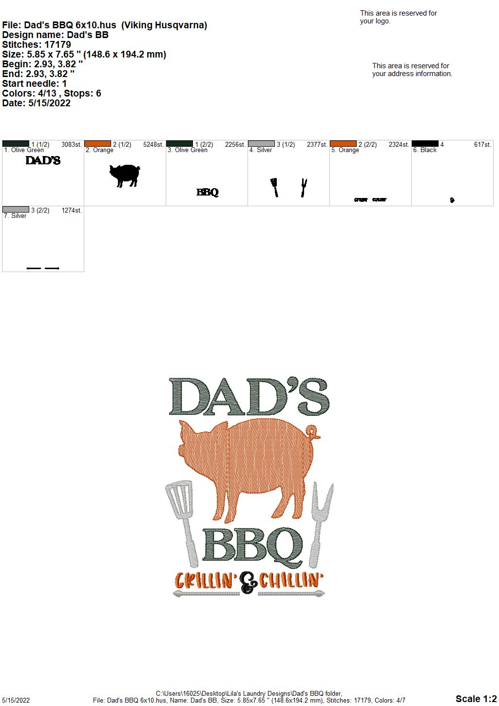 Dad's BBQ - 2 sizes- Digital Embroidery Design