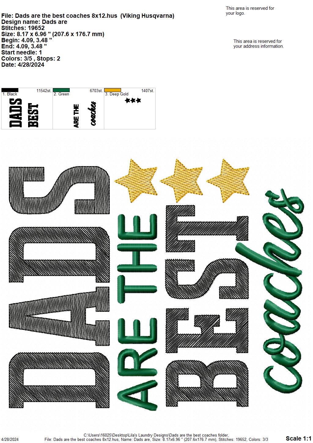 Dads are the best coaches - 4 Sizes - Digital Embroidery Design