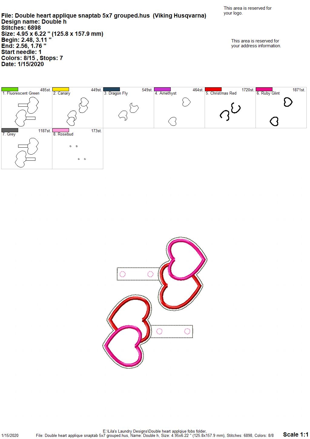 Double Heart Applique Fobs - DIGITAL Embroidery DESIGN