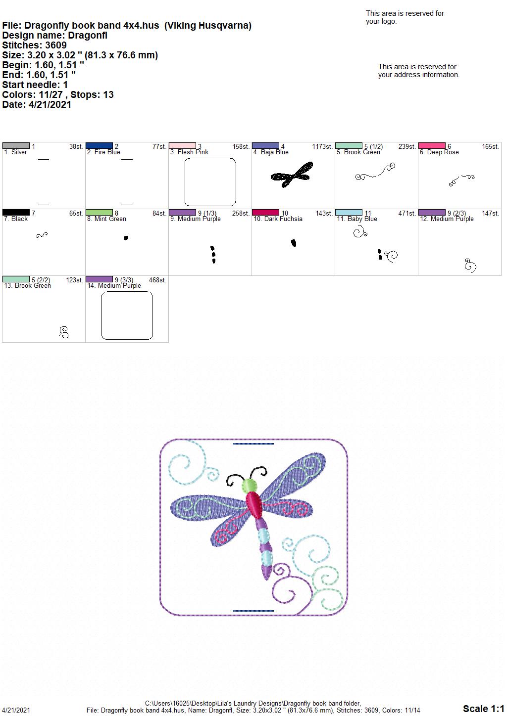 Dragonfly Book Band - Embroidery Design, Digital File