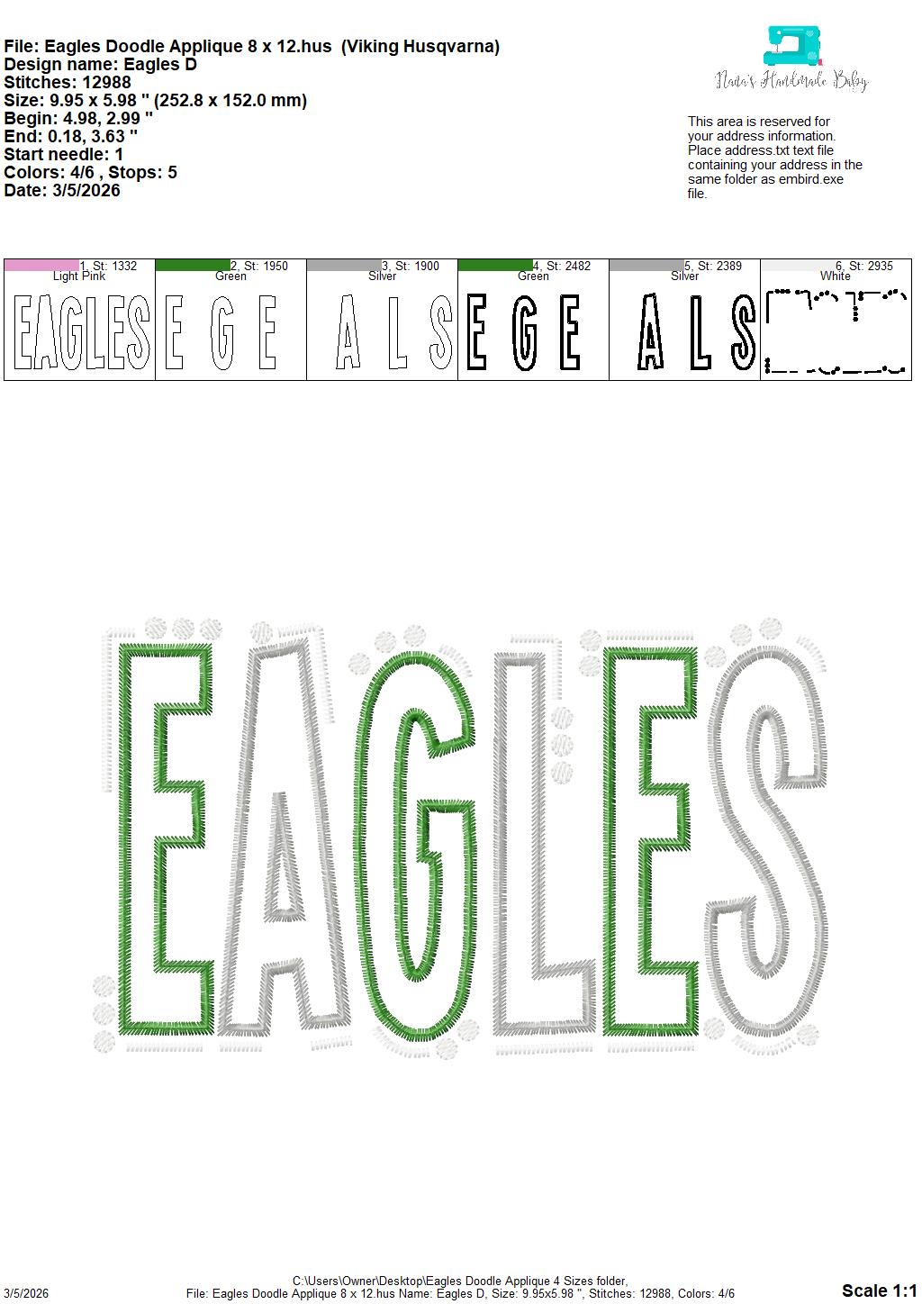 Eagles Doodle Font Applique – 4 x 4, 5 x 7, 6 x 10 and 8 x 12 – DIGITAL Embroidery Design