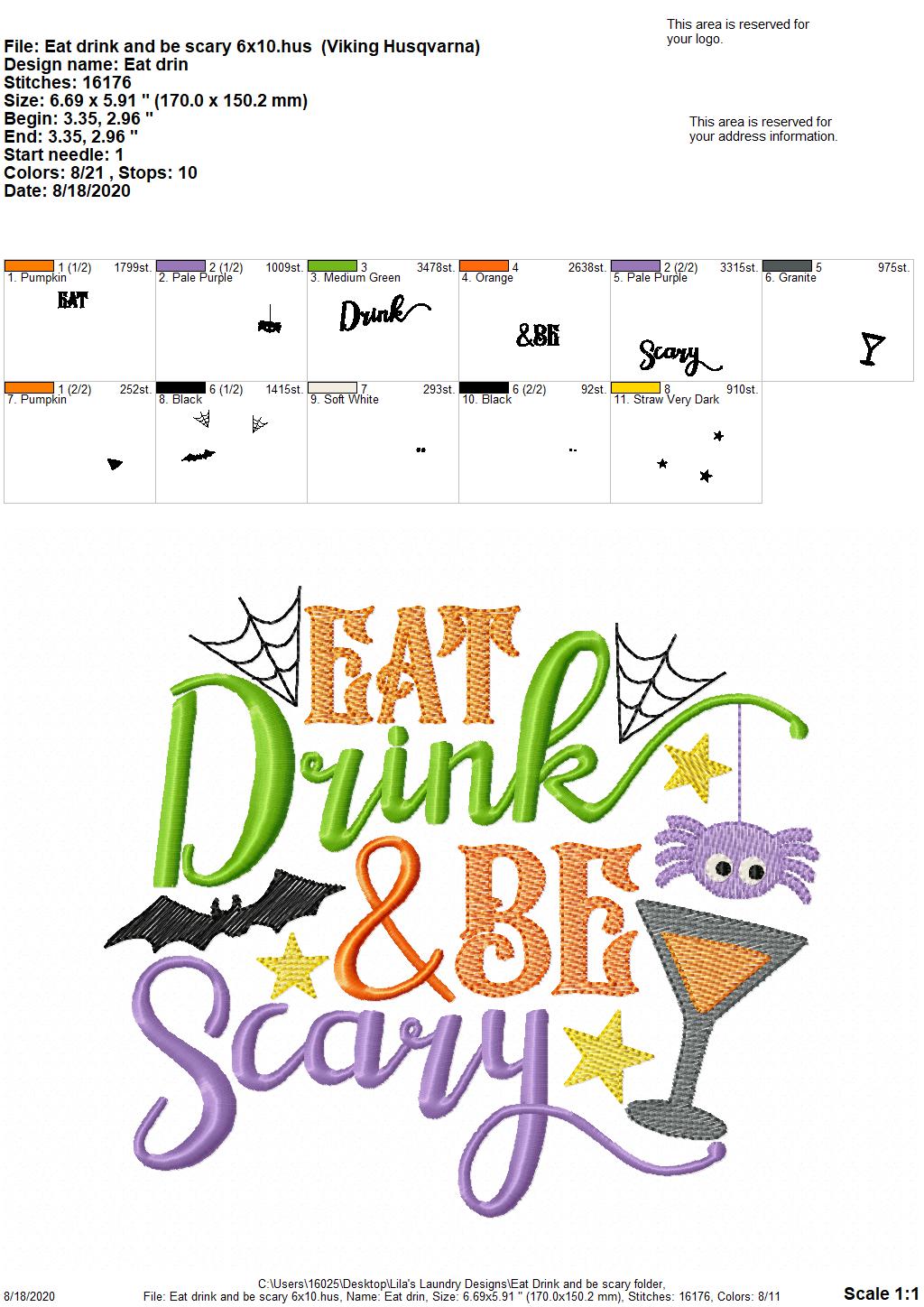 Eat Drink & Be Scary - 2 Sizes - Digital Embroidery Design
