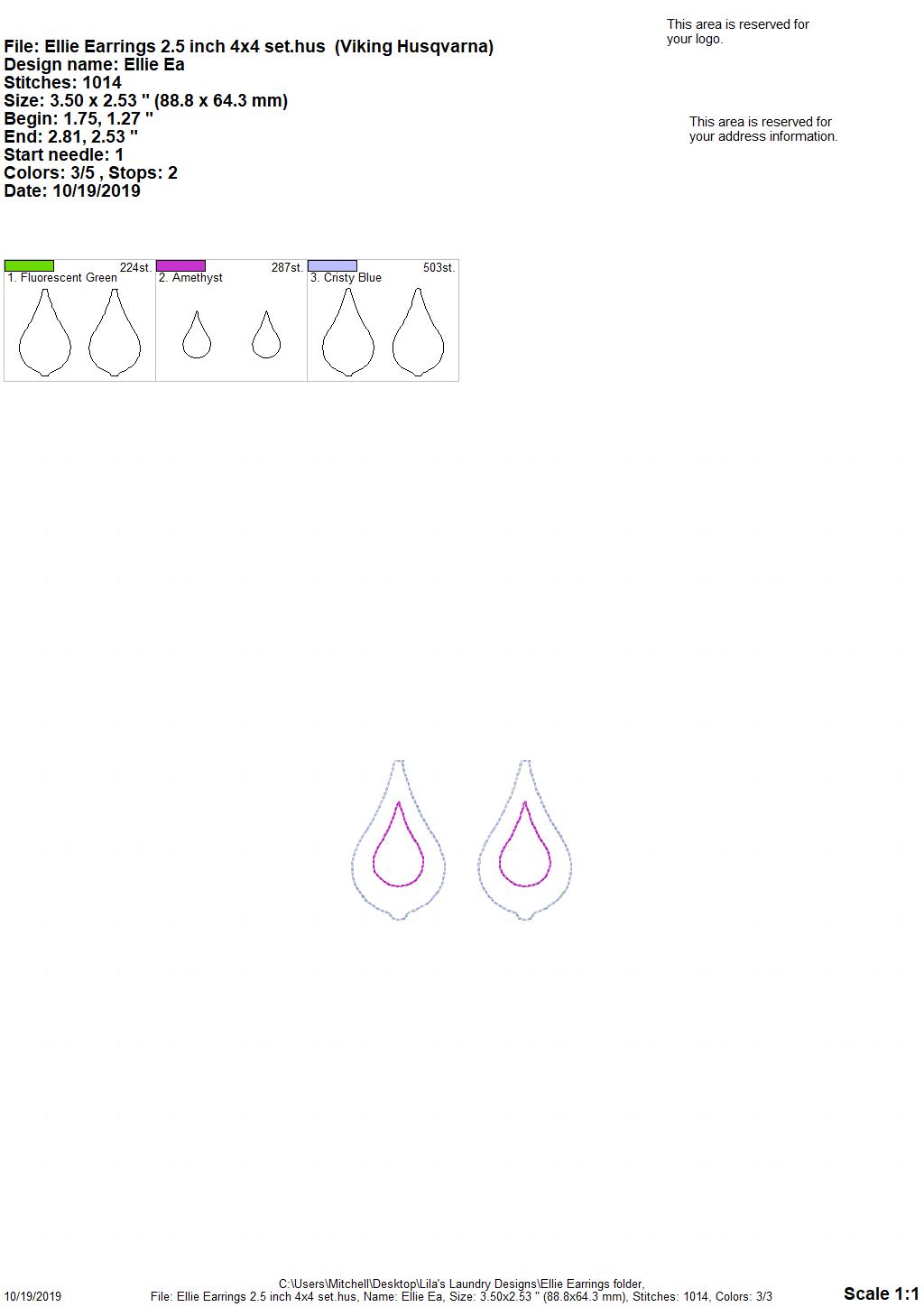 Ellie Earrings - 3 sizes - 4x4 and 5x7 Grouped- Digital Embroidery Design