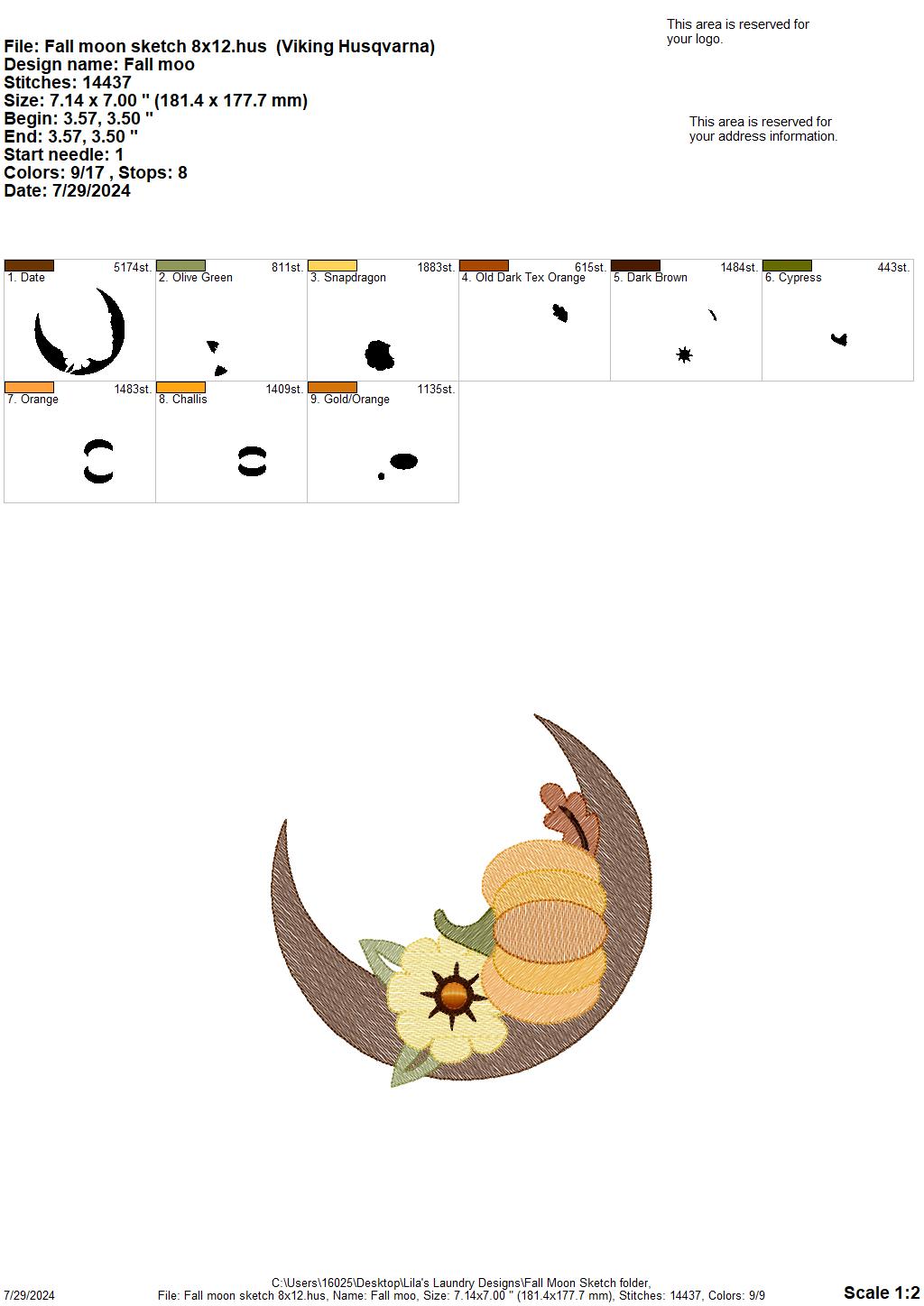 Fall Moon Sketch - 3 Sizes - Digital Embroidery Design