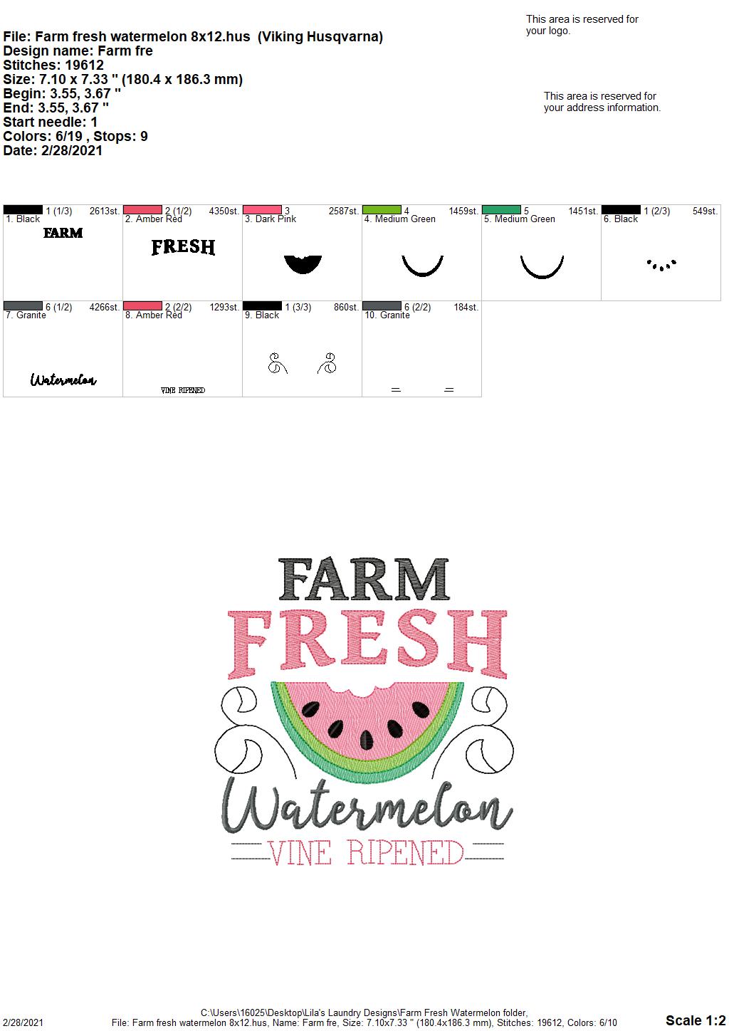 Farm Fresh Watermelon - 3 sizes- Digital Embroidery Design