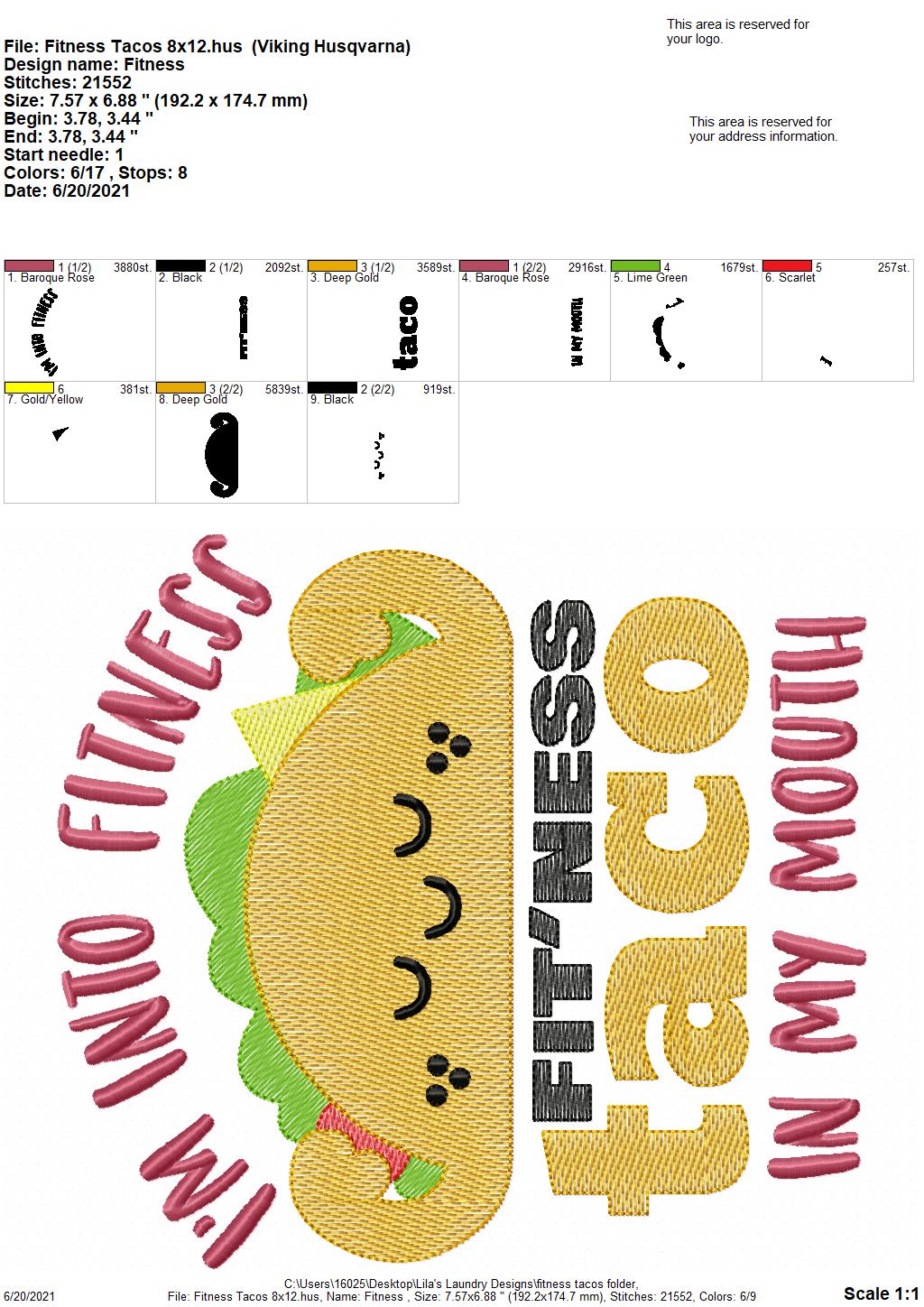 Fitness Tacos - 4 sizes- Digital Embroidery Design