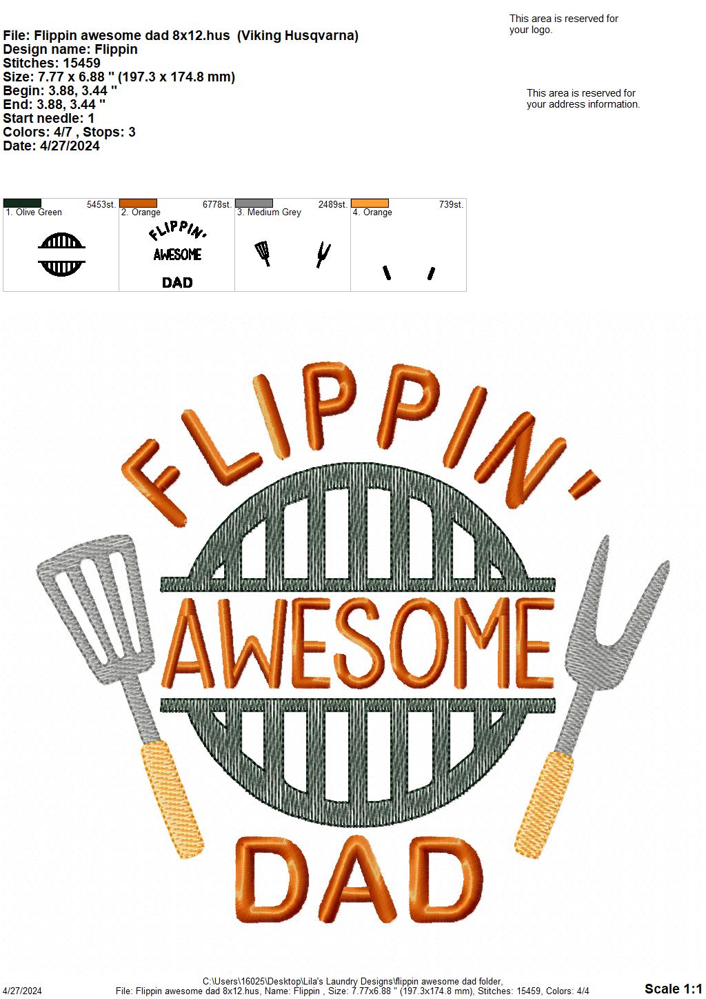 Flippin' Awesome Dad - 4 Sizes - Digital Embroidery Design