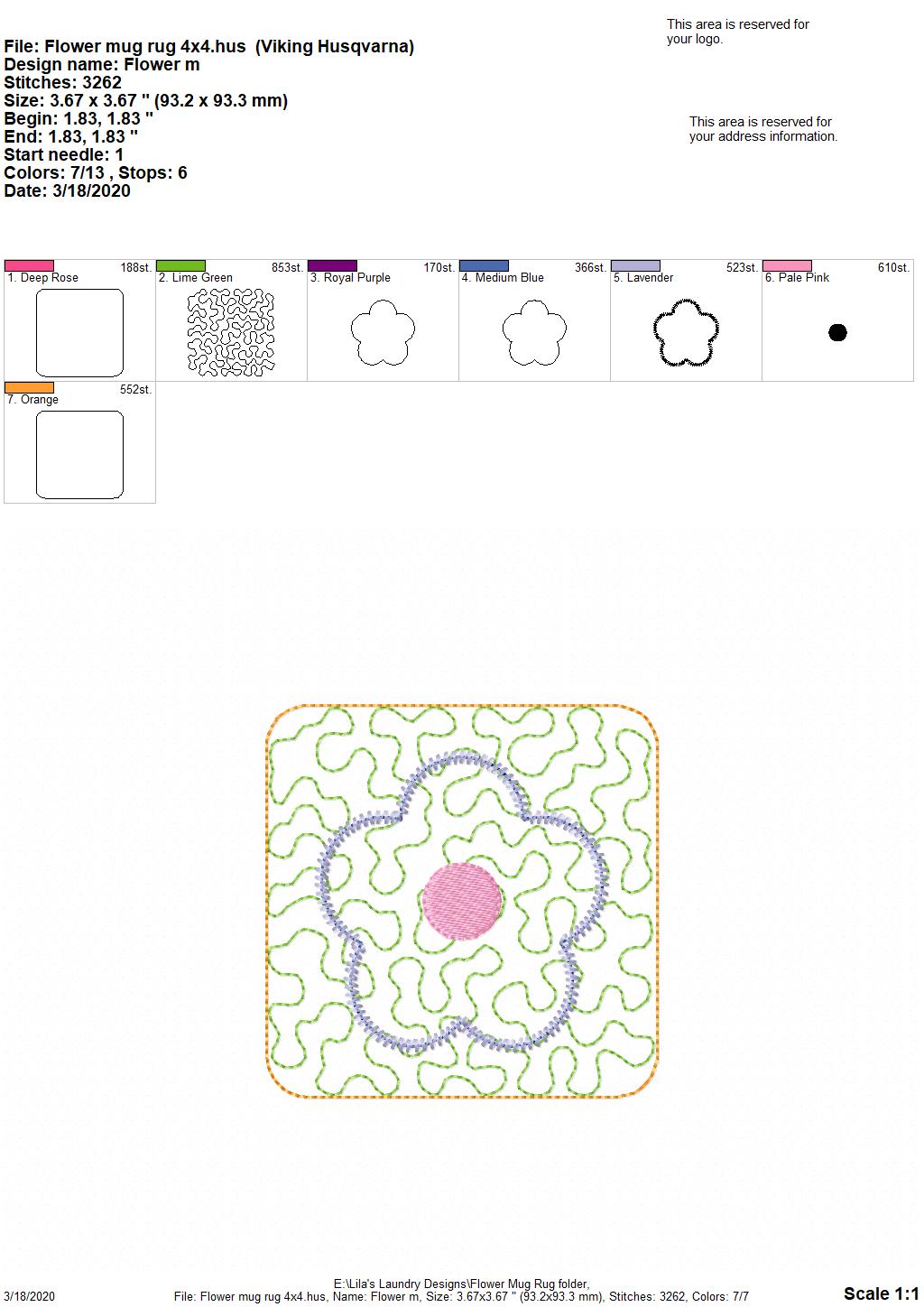 Flower Mug Rug 4x4 - DIGITAL Embroidery DESIGN