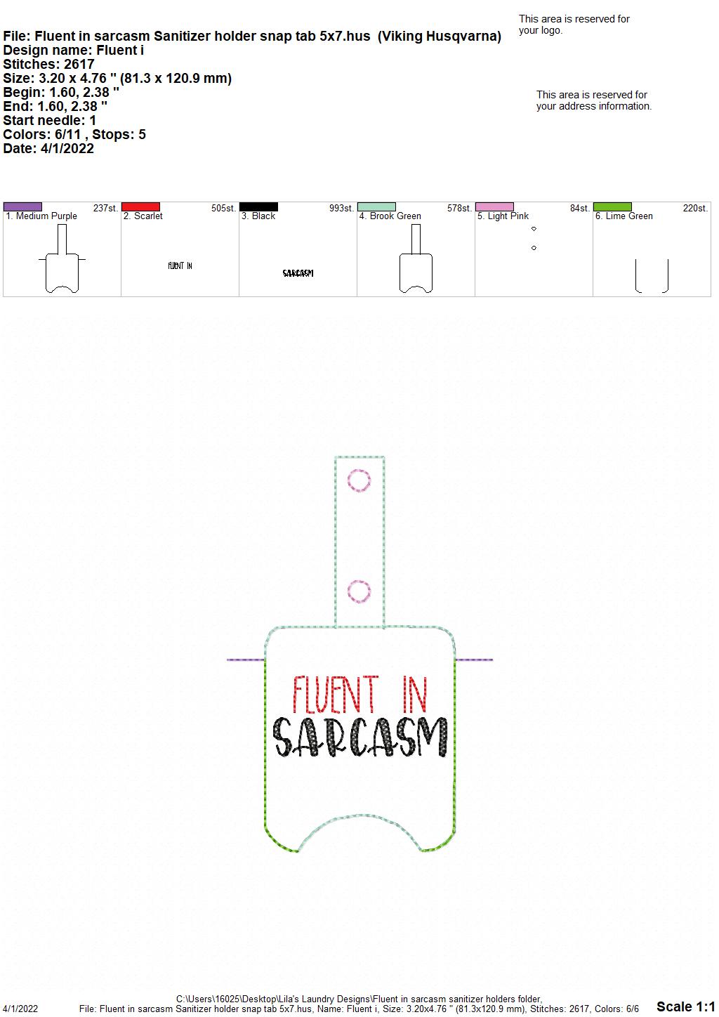 Fluent in Sarcasm Sanitizer Holders - DIGITAL Embroidery DESIGN