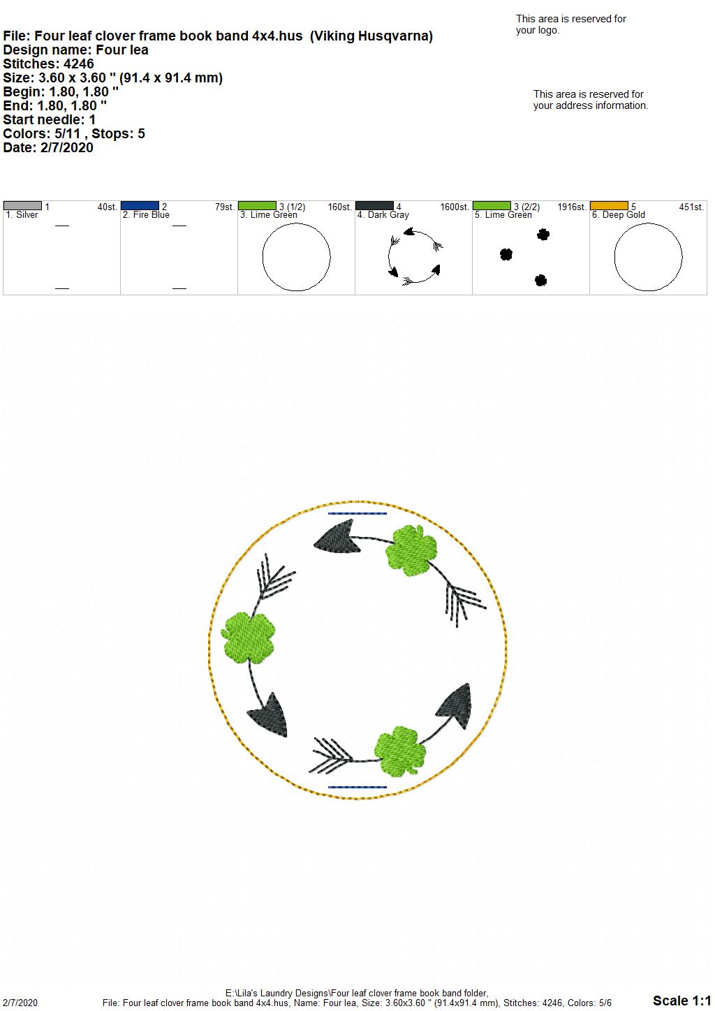 Four leaf clover frame Book Band - Digital Embroidery Design