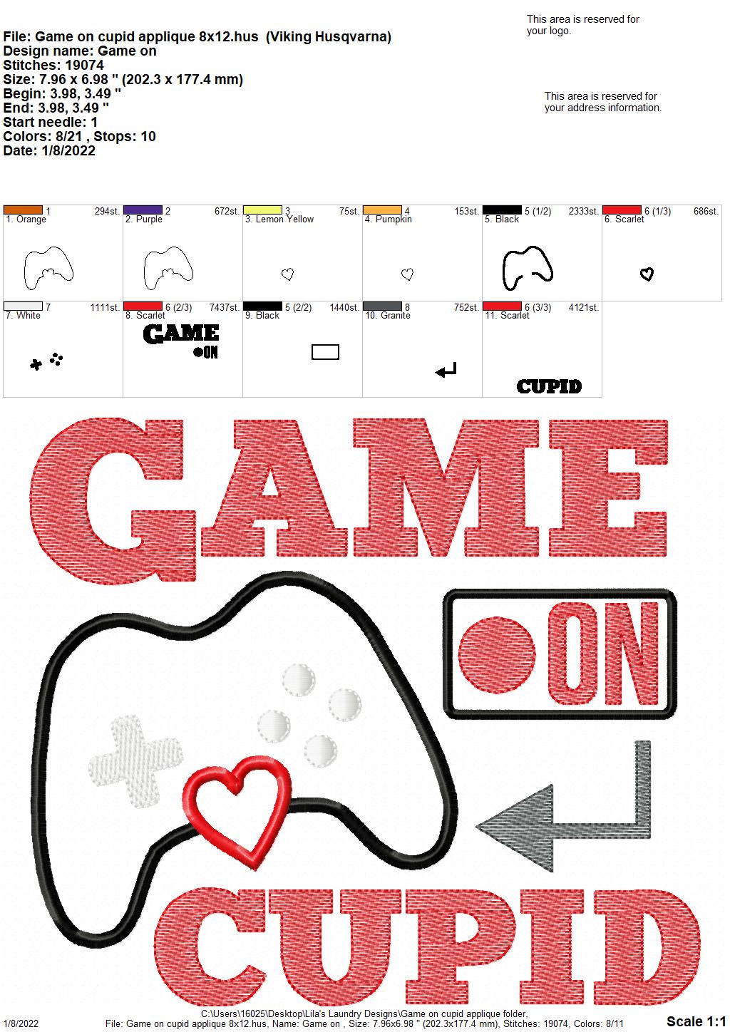 Game on Cupid Applique - 3 sizes- Digital Embroidery Design