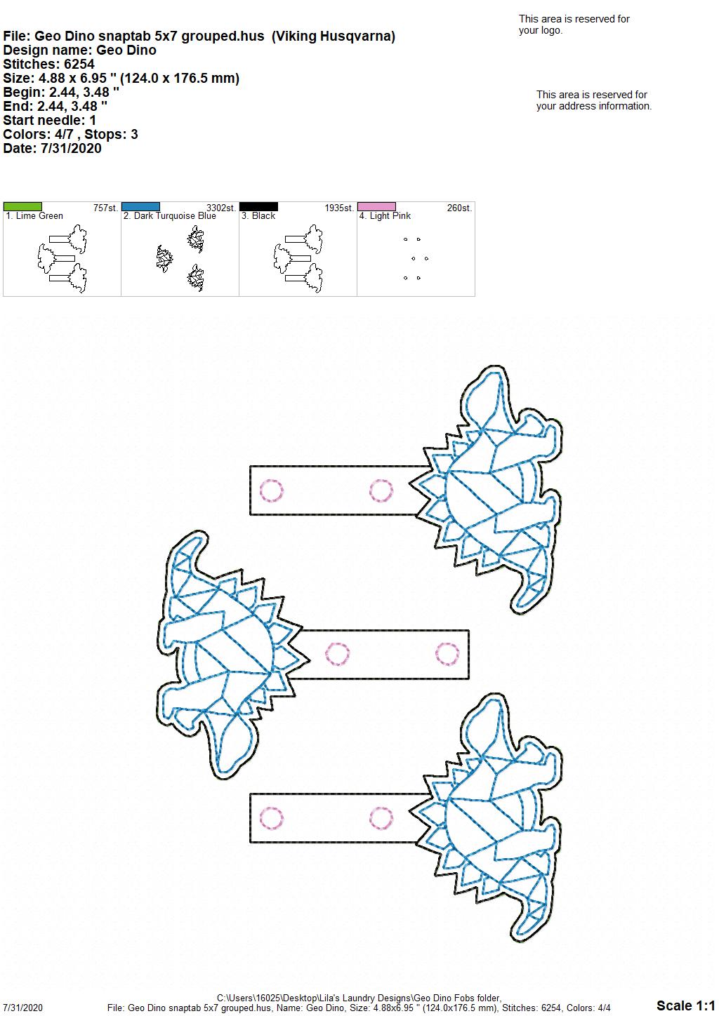 Geo Dino Fobs - DIGITAL Embroidery DESIGN