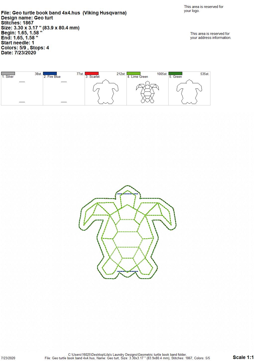 Geometric Turtle Book Band - Digital Embroidery Design